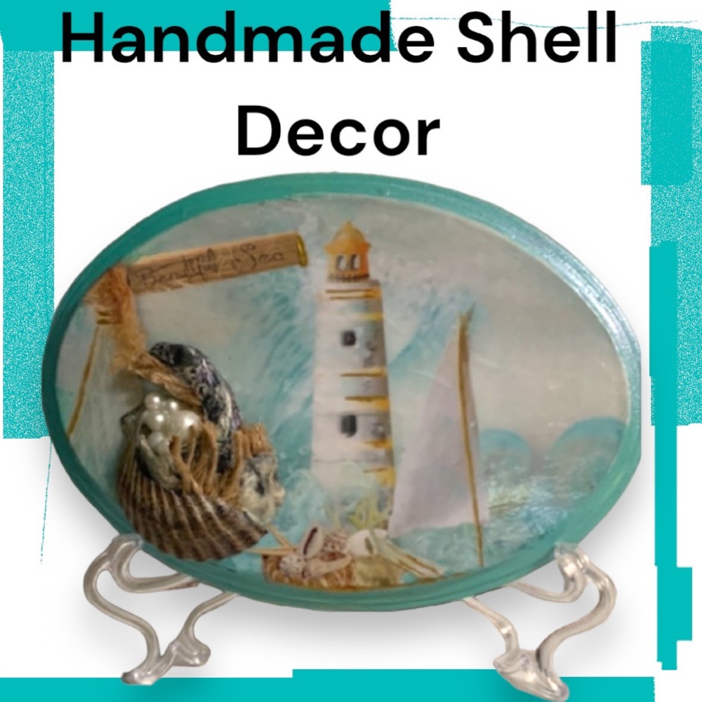 Decoupage Lighthouse w Seashells on a Wooden Plaque to Hang on a Wall or Display